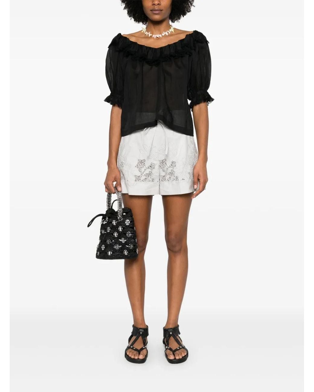 P.A.R.O.S.H. White Cotton Shorts With Floral Embroidery