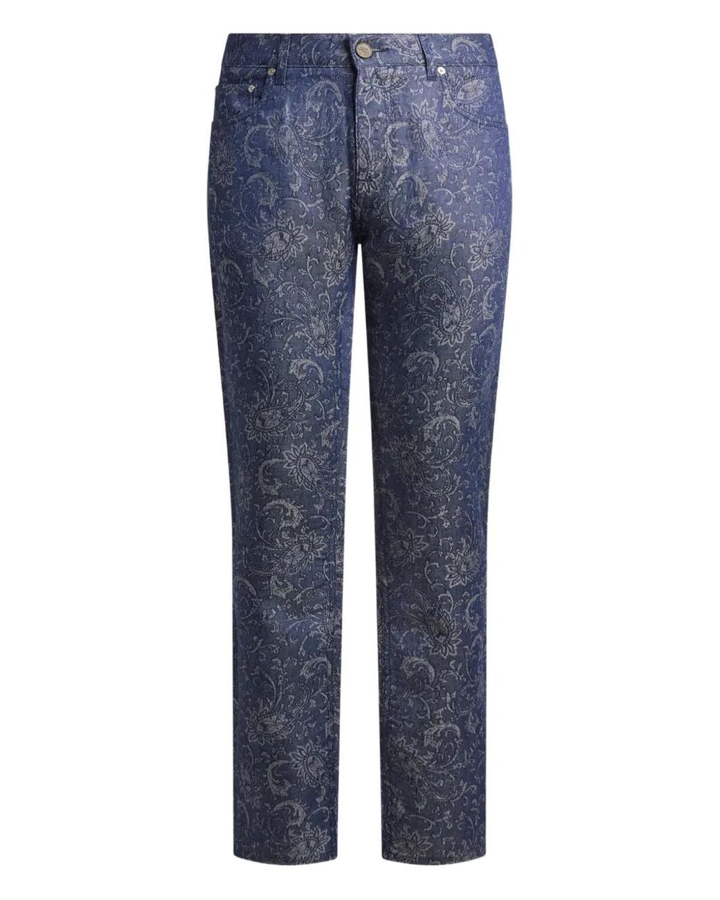 Etro Blue Regular-Fit Cotton And Linen Jacquard Jeans With Leafy Paisley Motif for men
