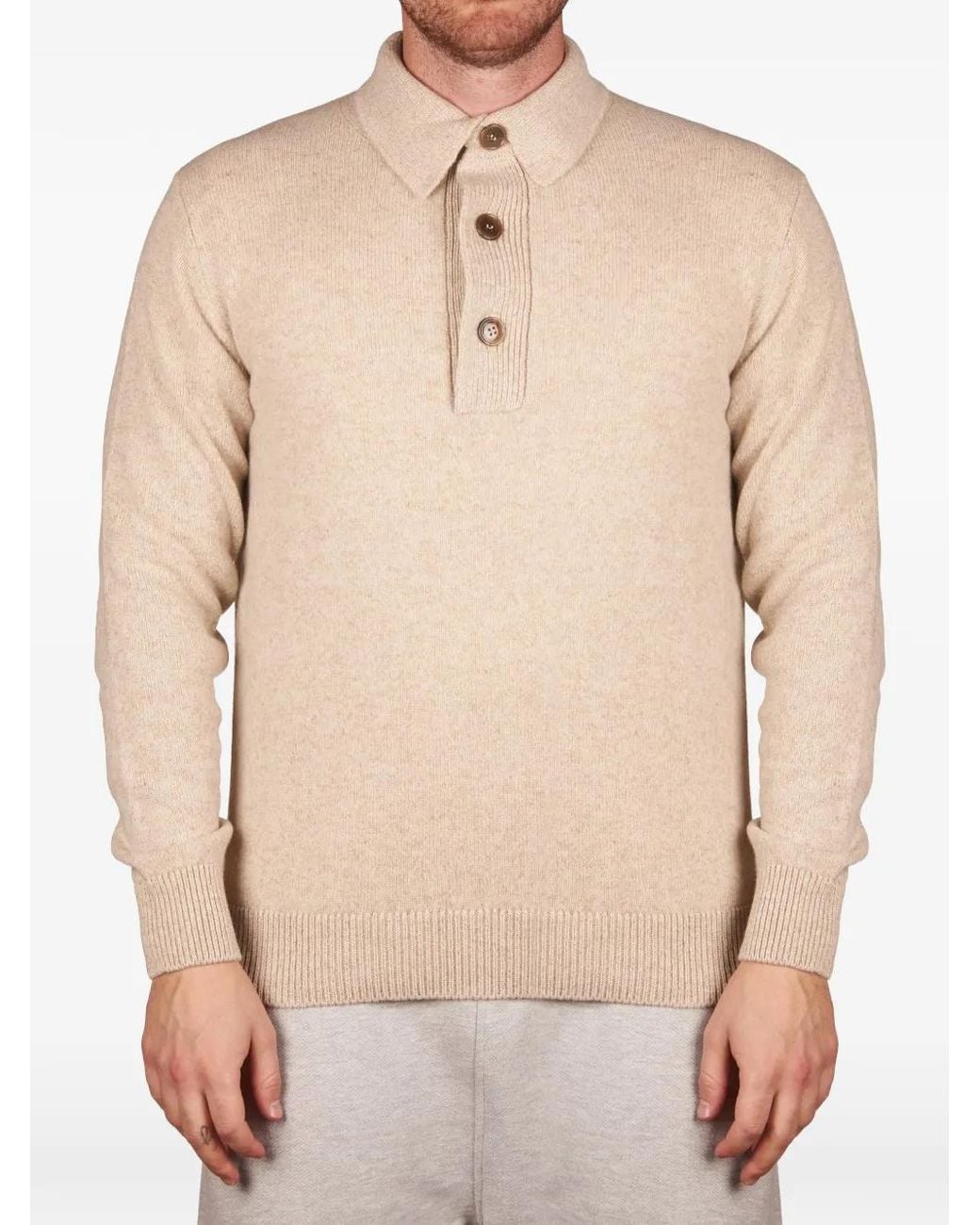 FILIPPO DE LAURENTIIS Natural Long-Sleeve Knitted Polo-Collar Sweater for men