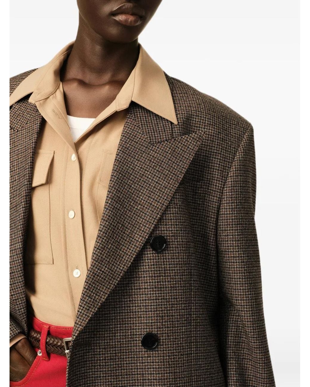 AMI Brown Double Breasted Houndstooth Wool Blazer