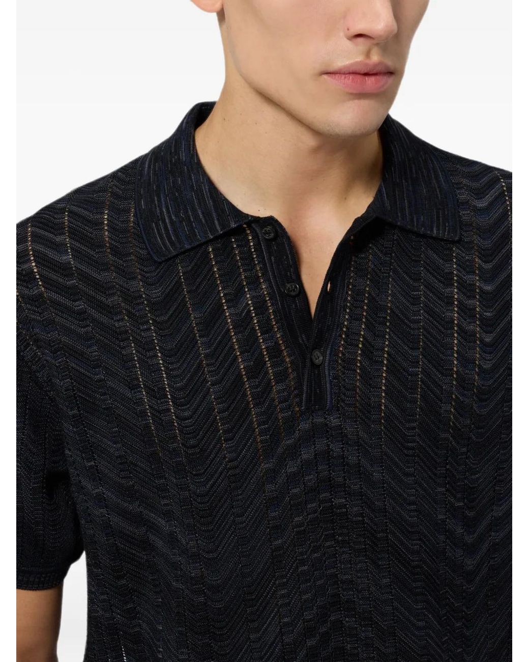 Missoni Black Openwork Knit Cotton And Viscose Polo Shirt for men