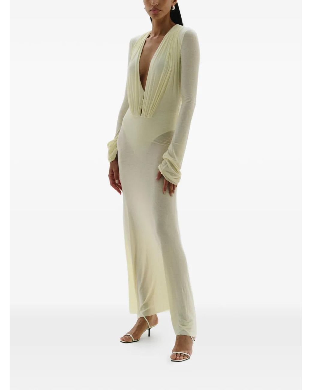 MANURI White Suki Long-Sleeve Draped Dress