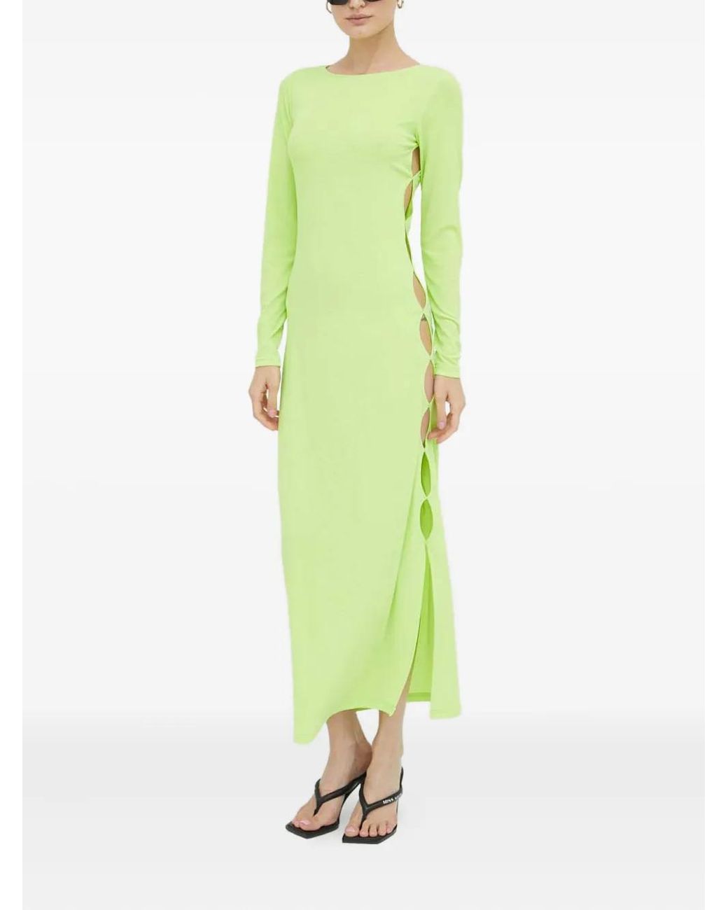 slim fit dress slacks One-shoulder green lamé dress with cutouts and chains main image 1