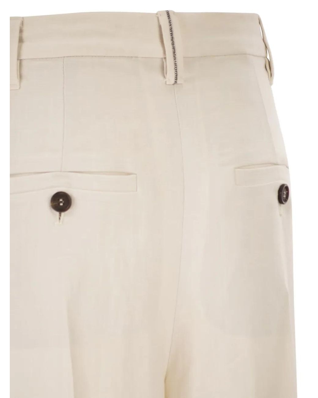 Brunello Cucinelli White Linen Fluid Twill Wide Trousers With Monili