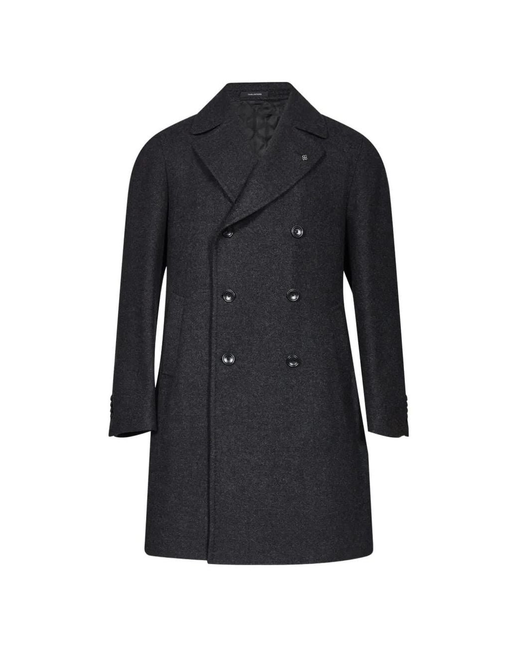Tagliatore Black Double-Breasted Herringbone Coat for men