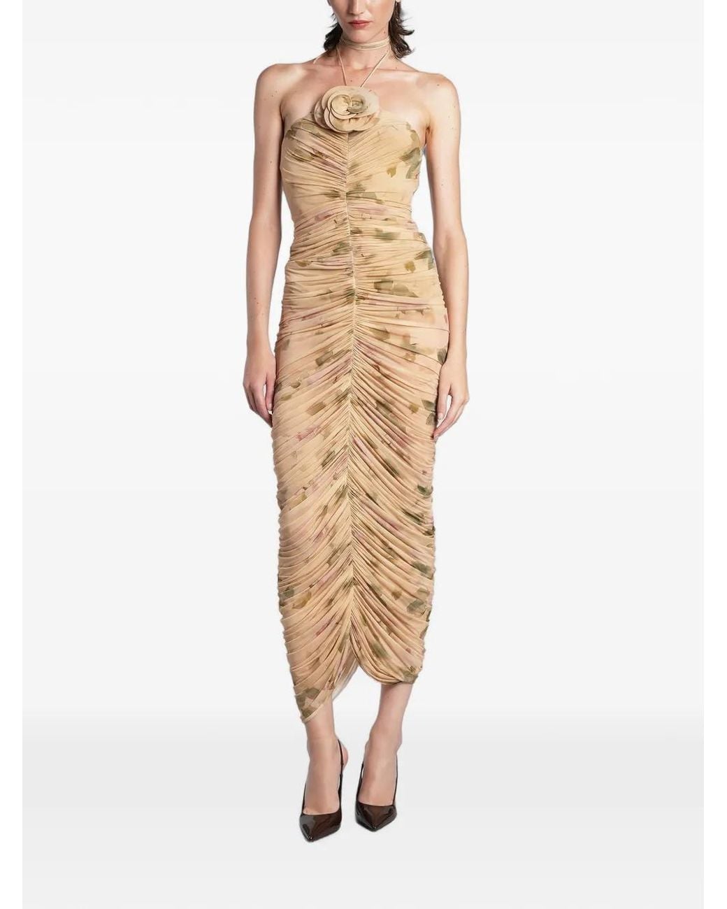 Magda Butrym Natural Floral-Print Ruched Midi Dress