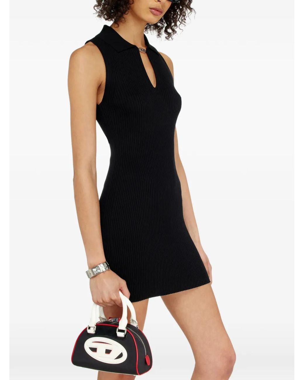 DIESEL Black Oval D Rib-Knitted Mini Dress