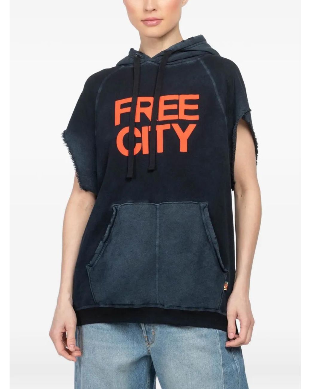 Freecity Blue Cutoff Superyumm Frayed Hooded Hoodie
