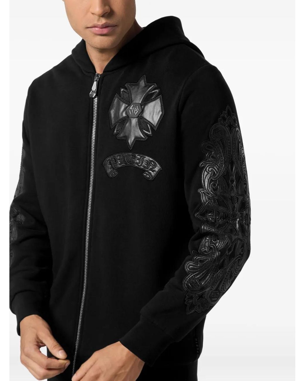 Philipp Plein Black Leather-Insert Crest-Zip Hoodie for men