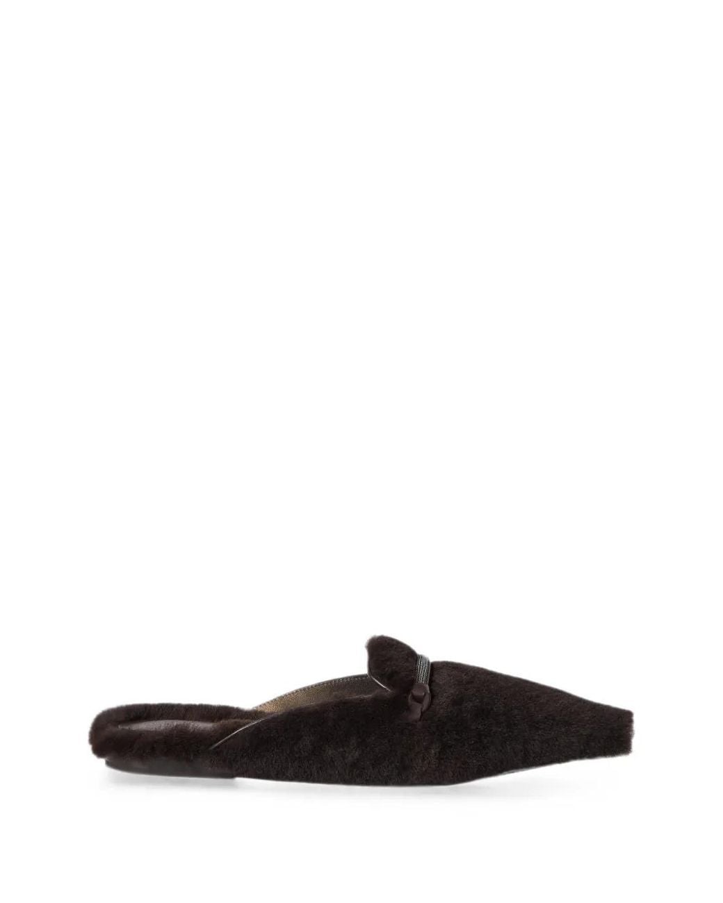 Brunello Cucinelli White Shearling Flats With Precious Bar