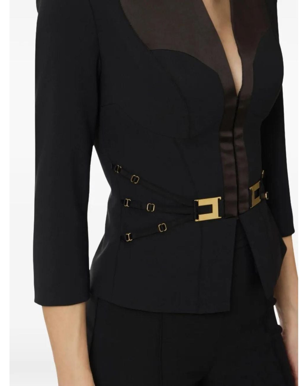 Elisabetta Franchi Black V-Neck Buckle Blazer