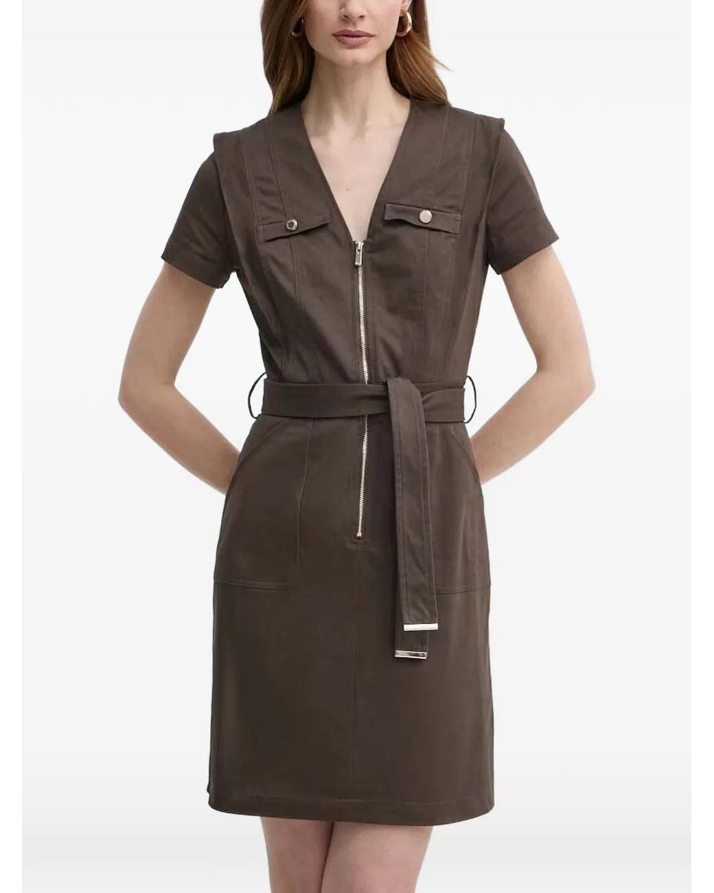 Morgan Brown Belted V-Neck Mini Dress