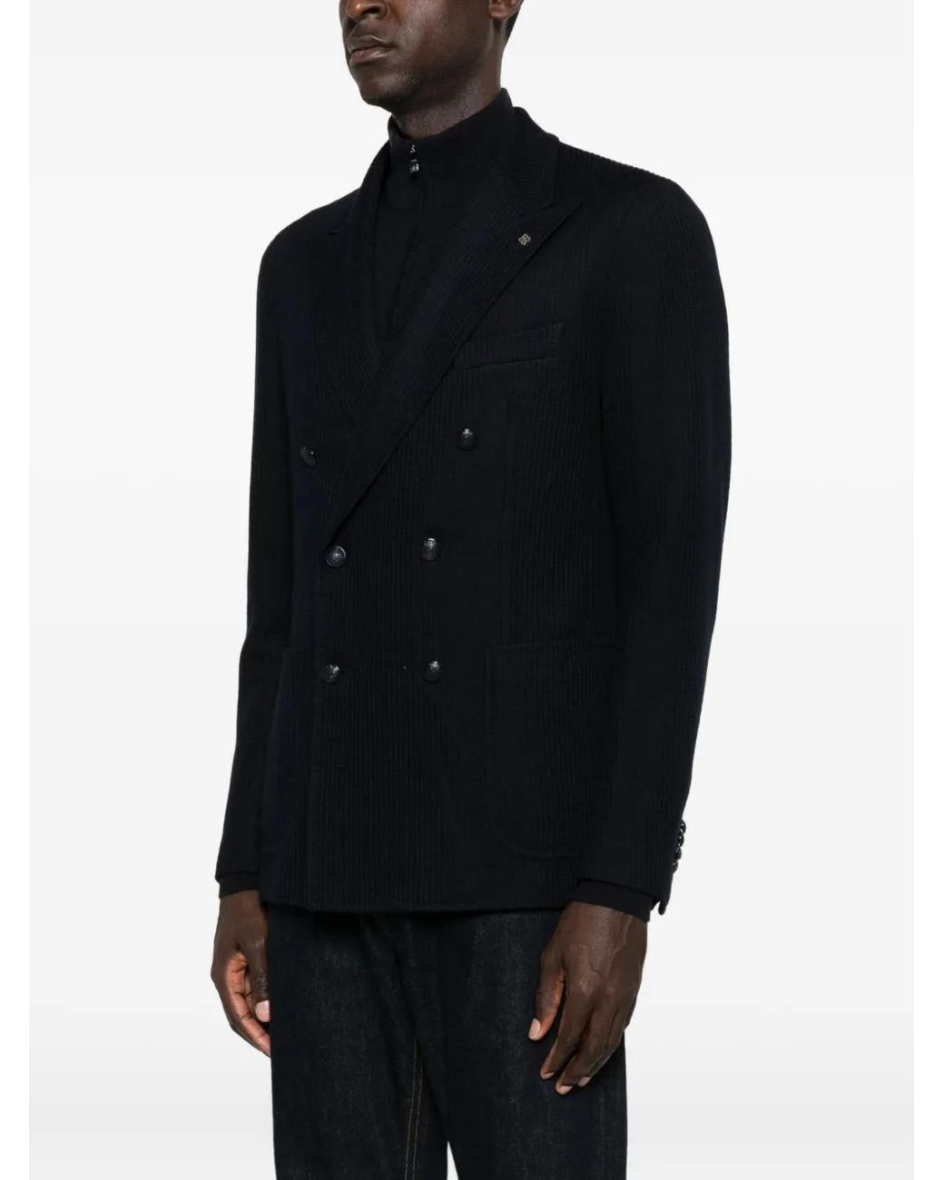 Tagliatore Black Double-Breasted Striped Jacket for men