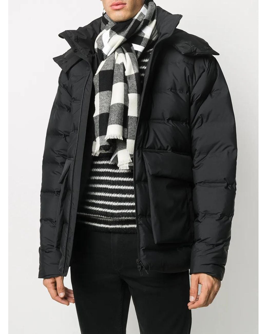Moncler Black Logo Print Checked Scarf for men