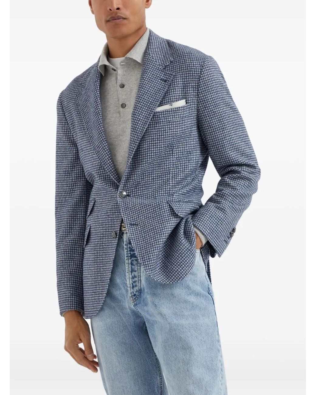 Brunello Cucinelli Blue Dogtooth Blazer for men