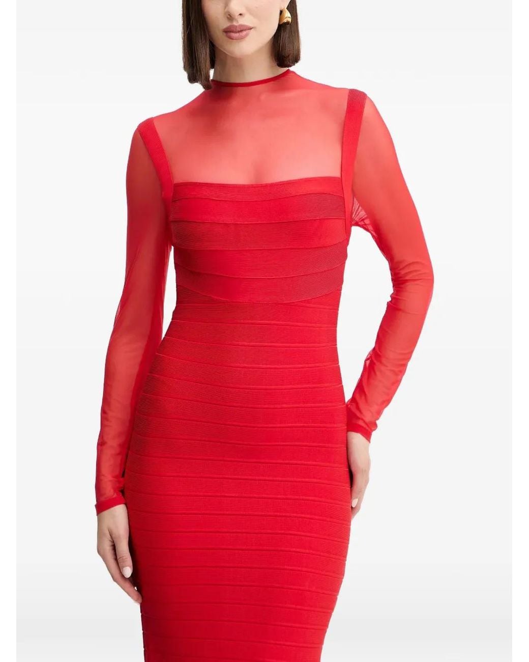 Hervé Léger Red Ella Long-Sleeve Maxi Dress