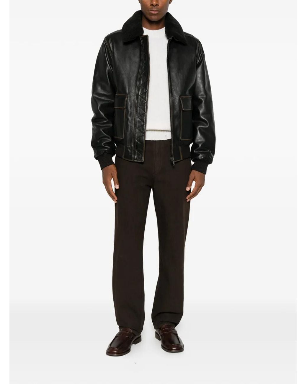 Amaranto Black Shearling-Collar Leather Jacket for men