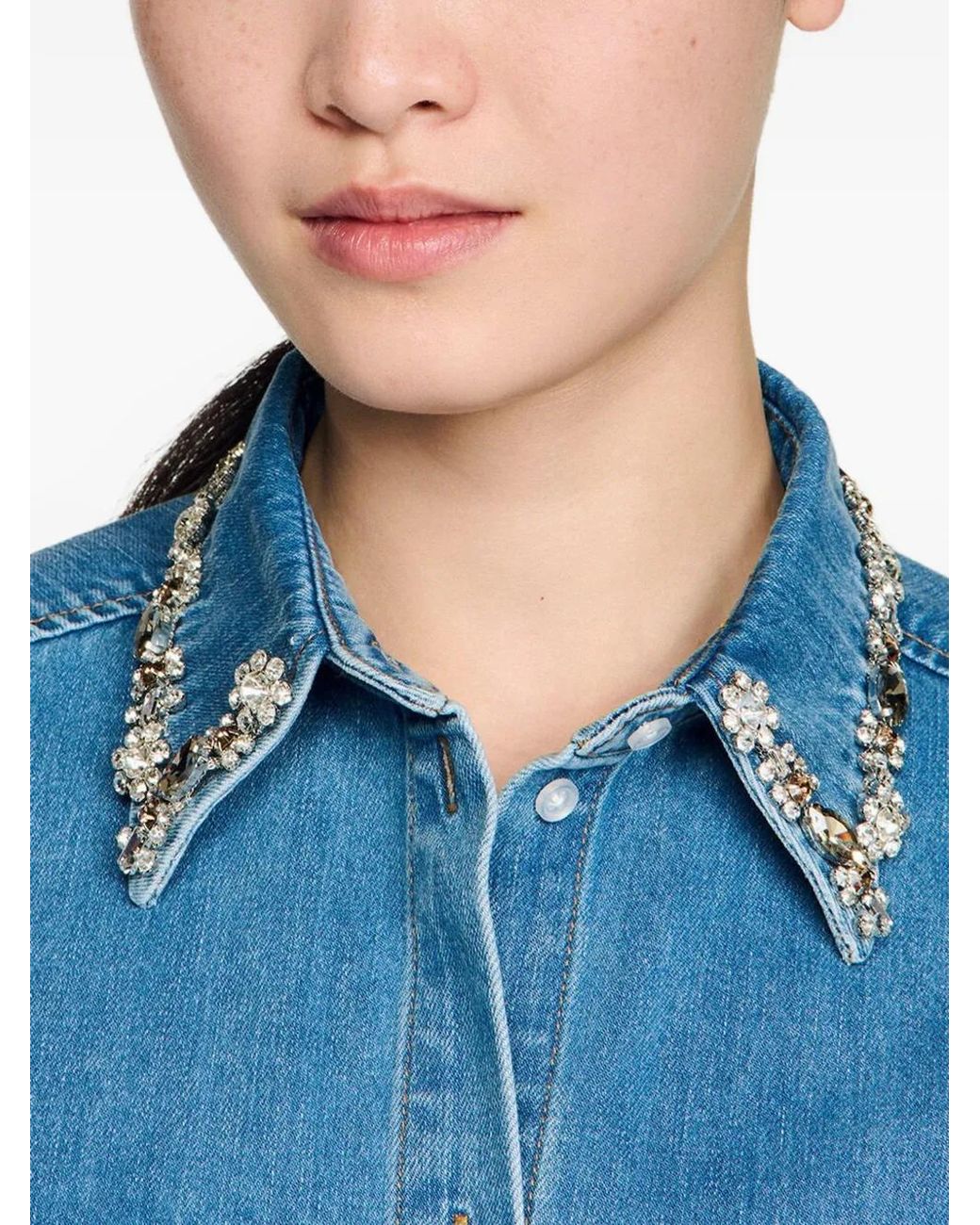 Sandro Blue Denim Shirt With Rhinestones