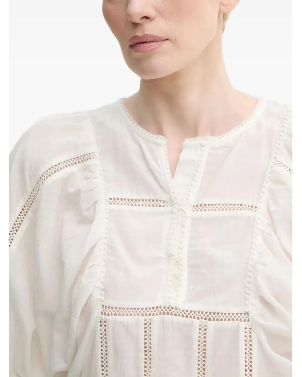 Munthe White Lace-Insert Puff-Sleeve Top