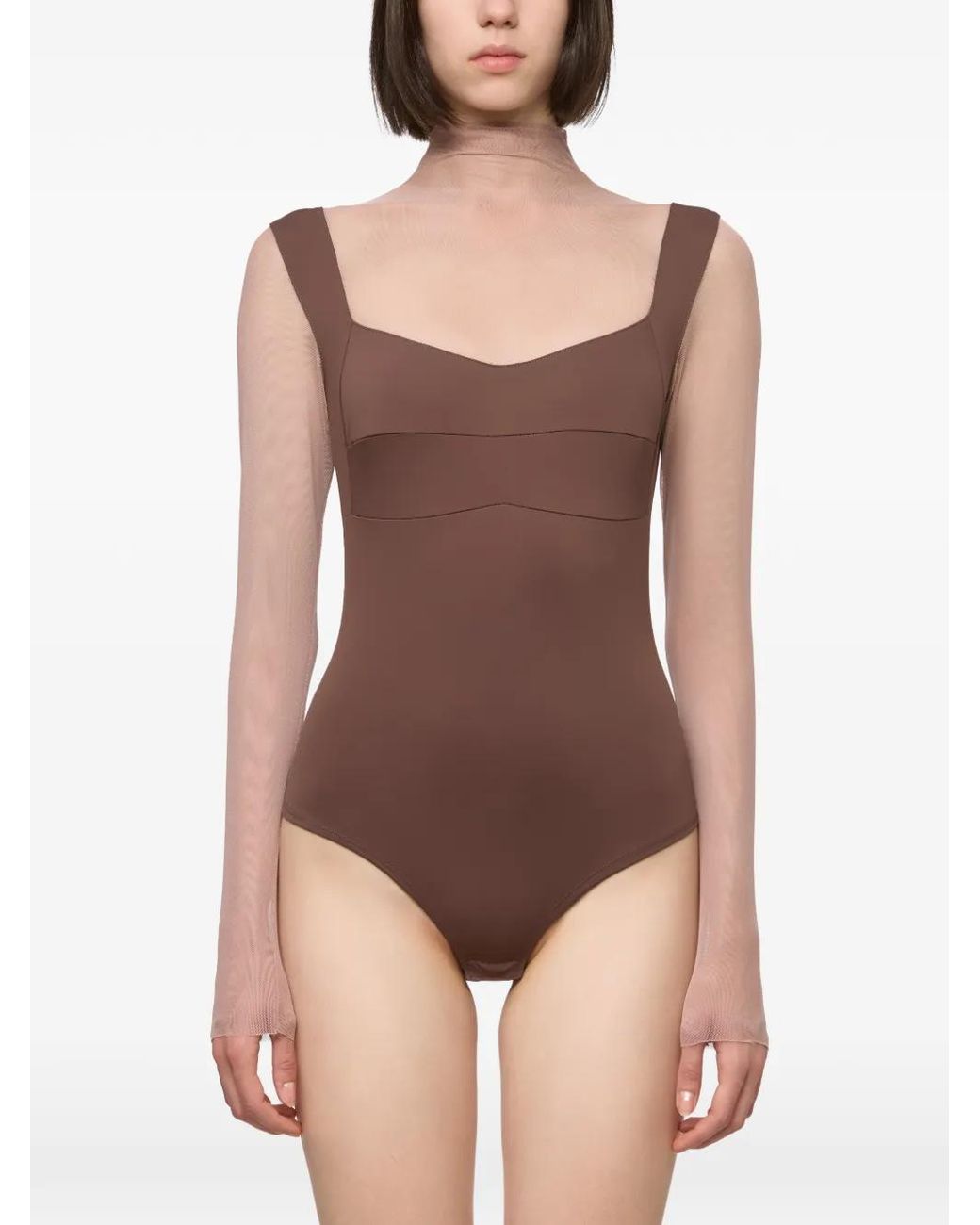 Atu Body Couture Brown Tulle-Insert Long-Sleeve Top