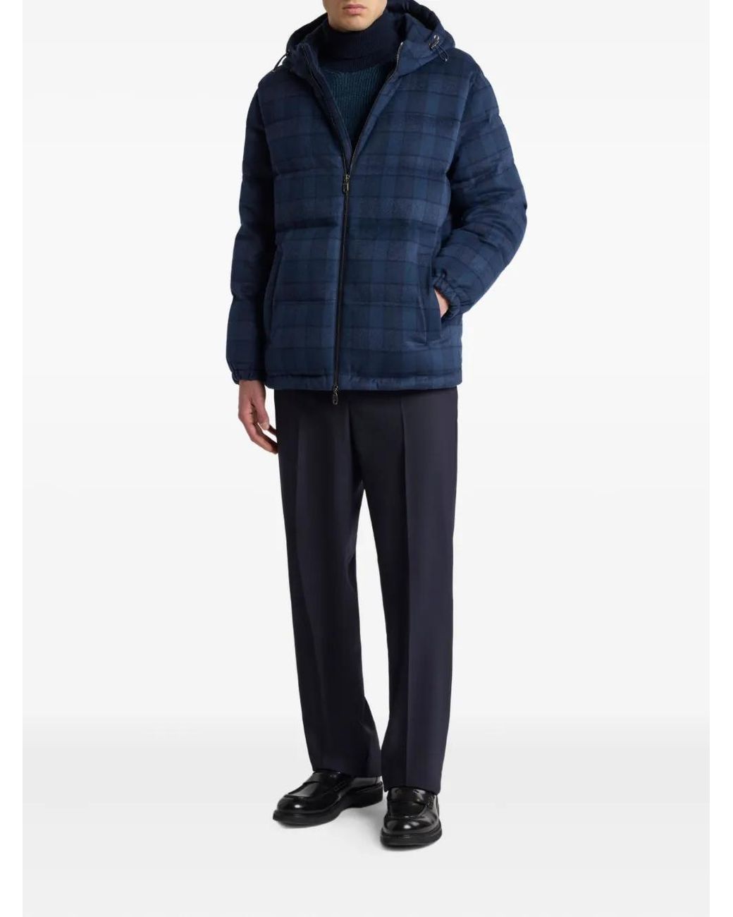 Etro Blue Wool And Cashmere Down Jacket With Check Motif for men