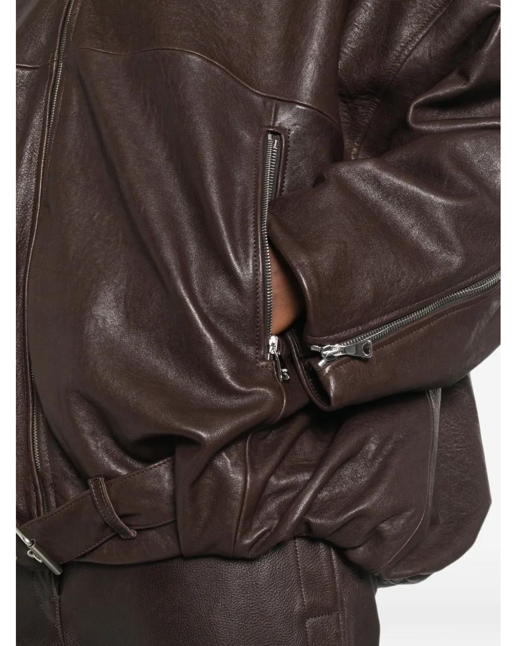 Emmeci Brown Belted Oversized Leather Jacket