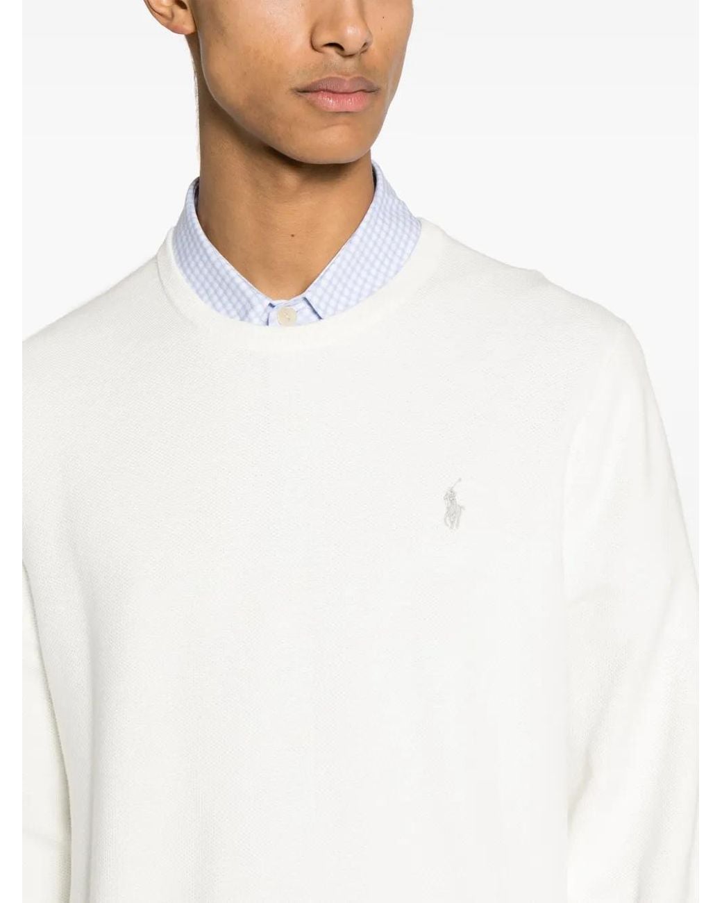 Polo Ralph Lauren White Honeycomb Knit Embroidered Logo Crew Neck Sweater For for men