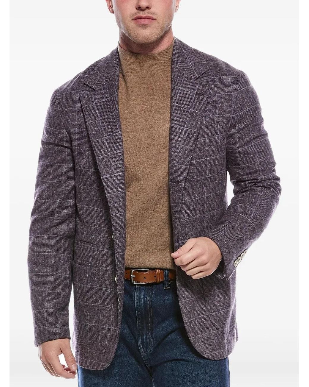 Brunello Cucinelli Blue Check-Pattern Single-Breasted Blazer for men