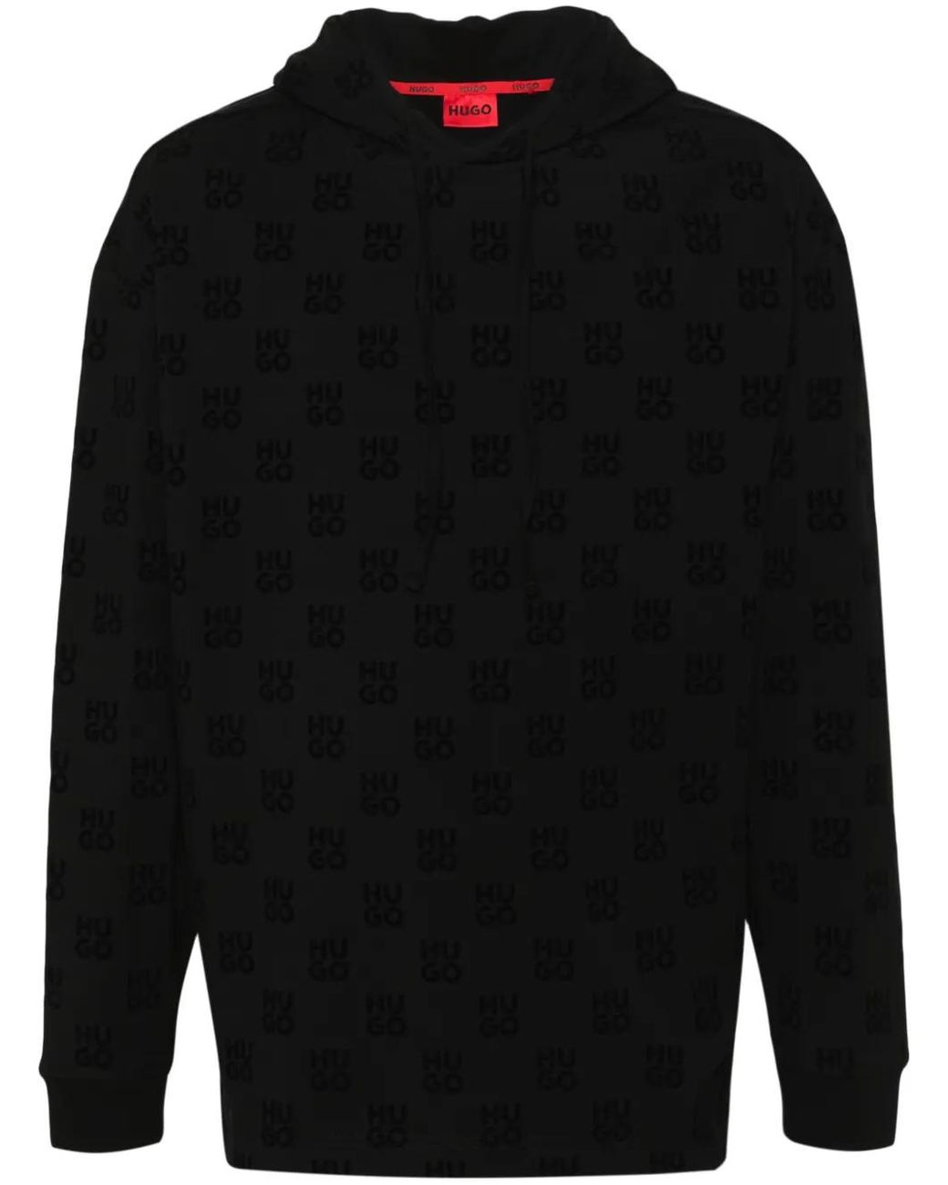 HUGO Black Logo-Jacquard Long-Sleeve Hoodie for men