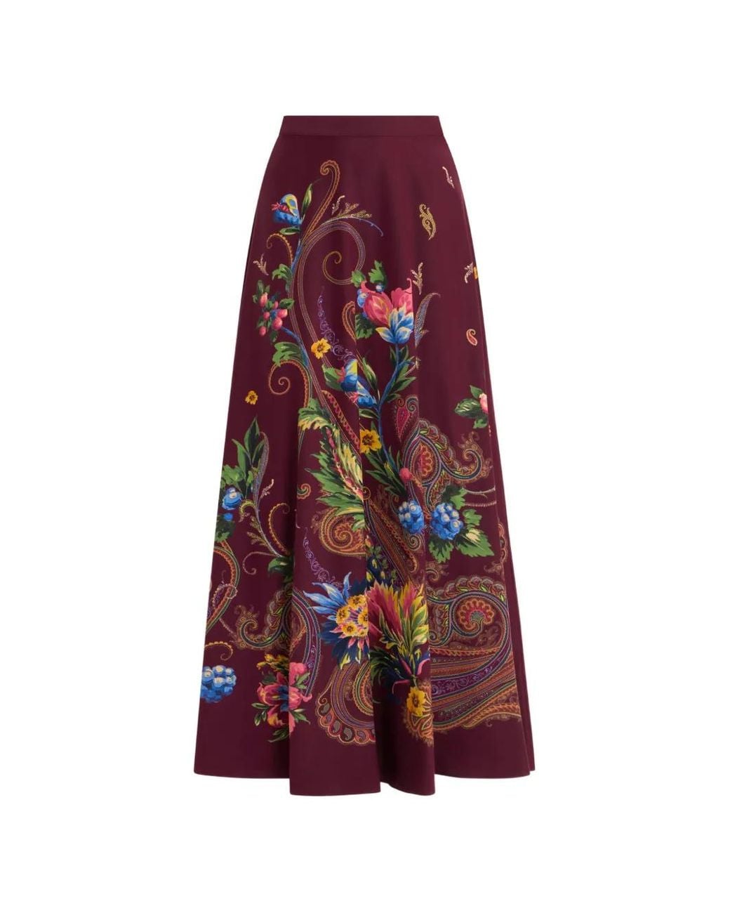 Etro Red Silk Maxi Skirt With Placed Floral Paisley Print