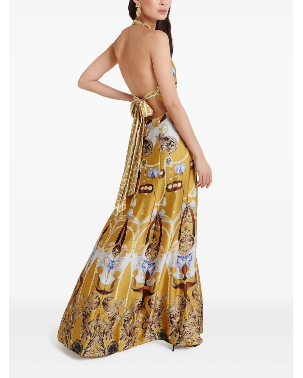 Temperley London Metallic Graphic Print Halterneck Silk Maxi Dress