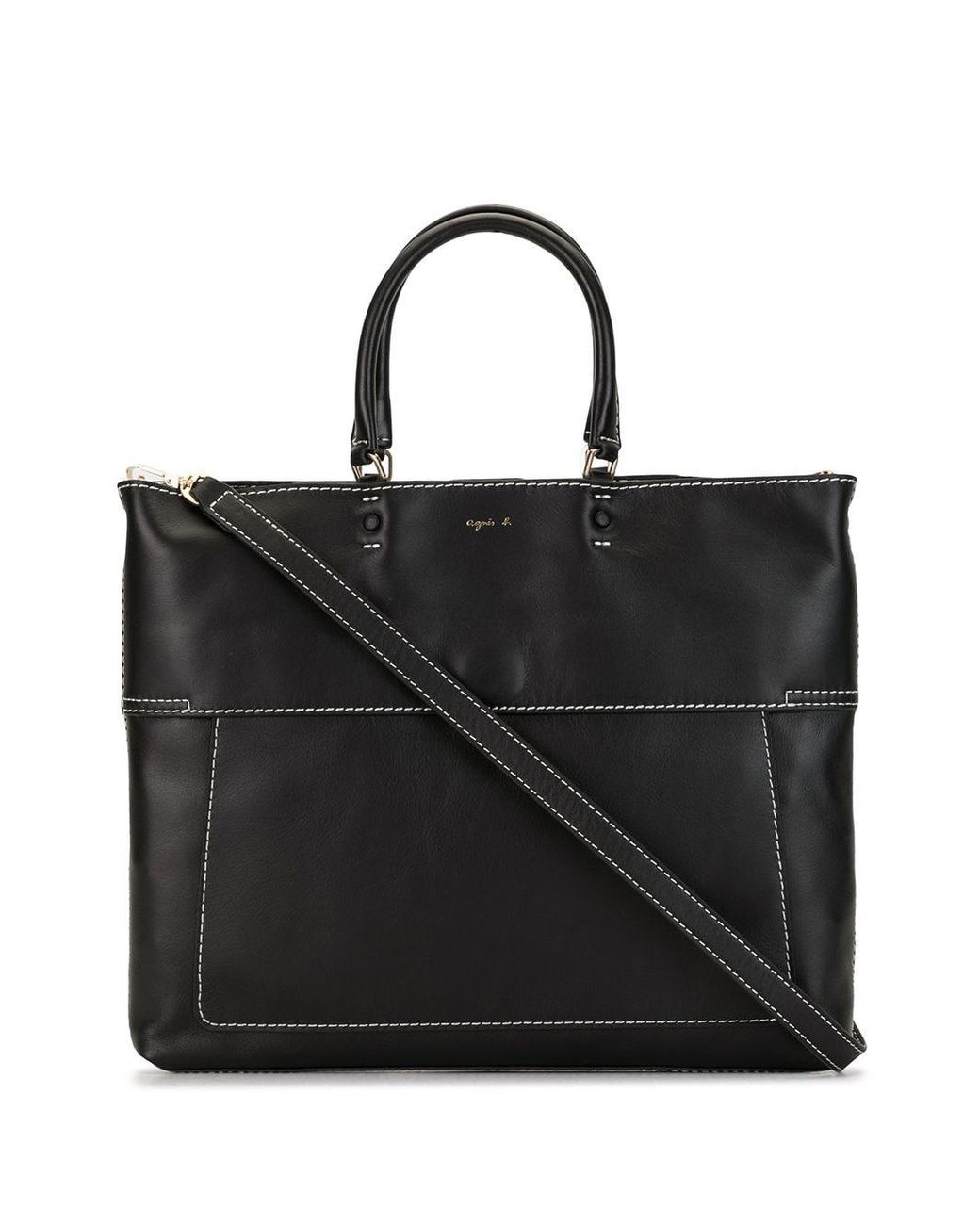 agnès b. Leather Topstitched Tote Bag in Black - Lyst