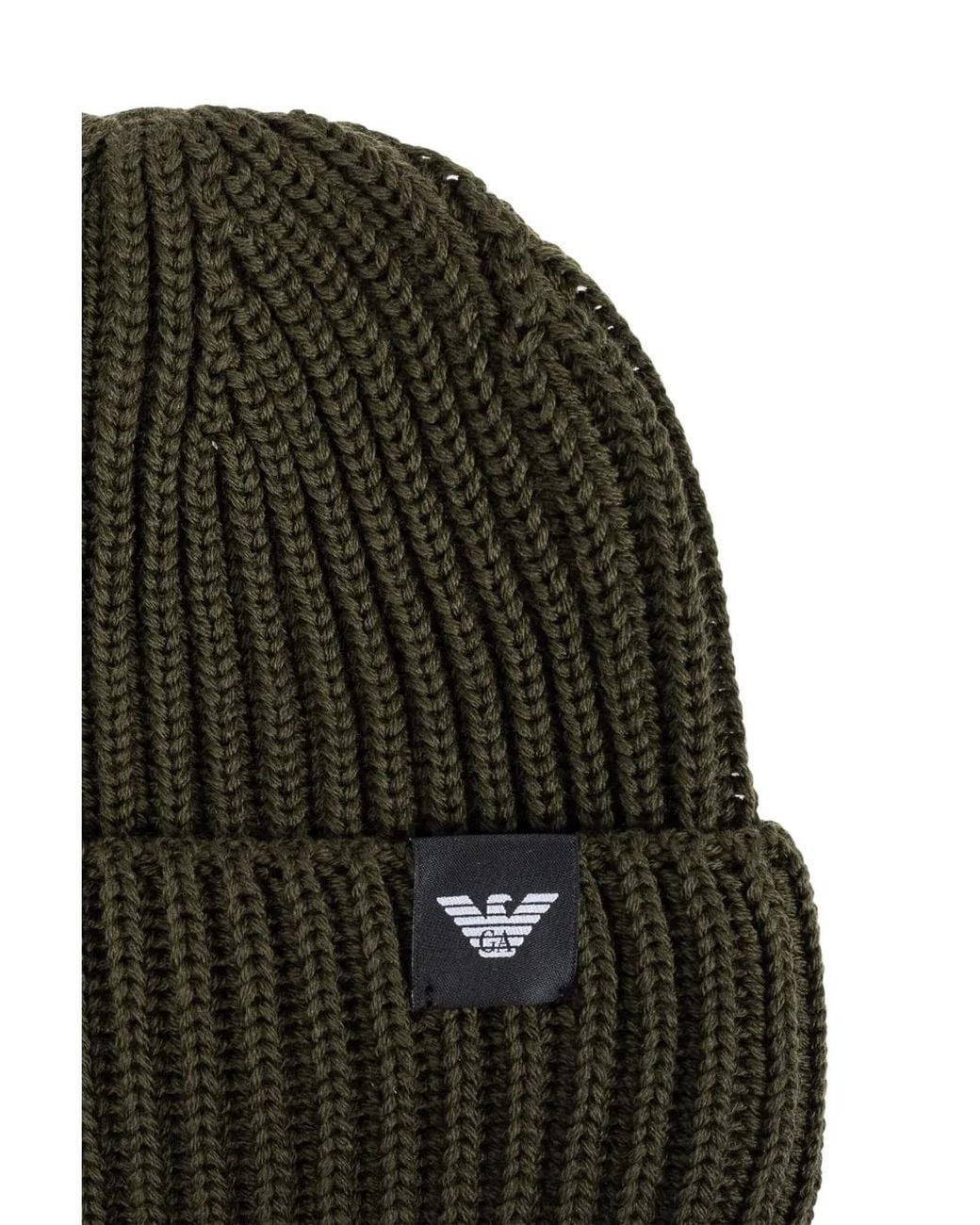 Emporio Armani Green Logo-Patch Knitted Beanie for men