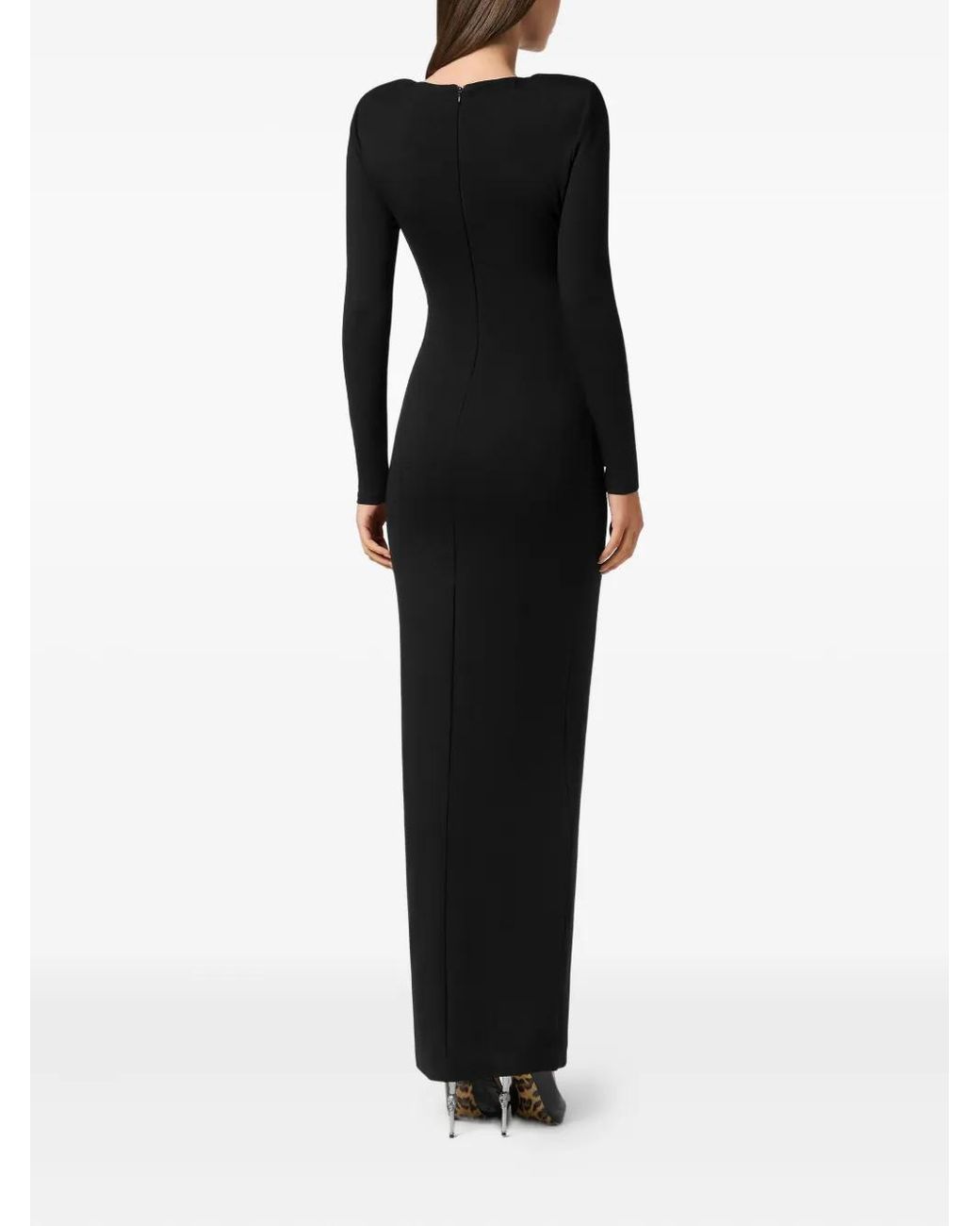Philipp Plein Black Long-Sleeve Long Dress Fatale