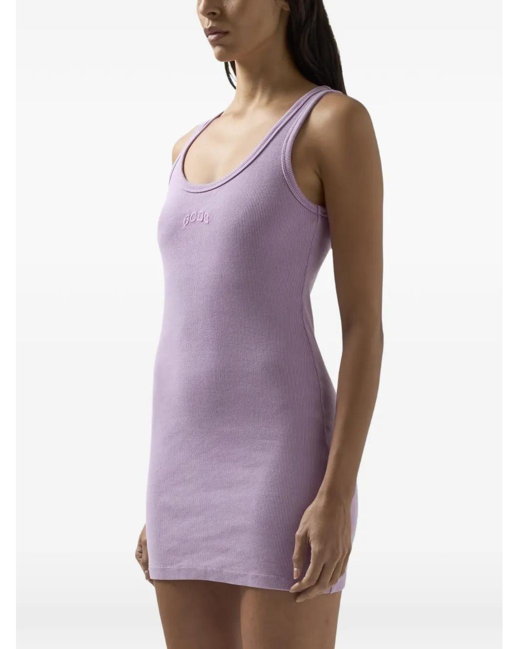 Gcds Purple Ribbed-Knit Log-Detail Mini Dress