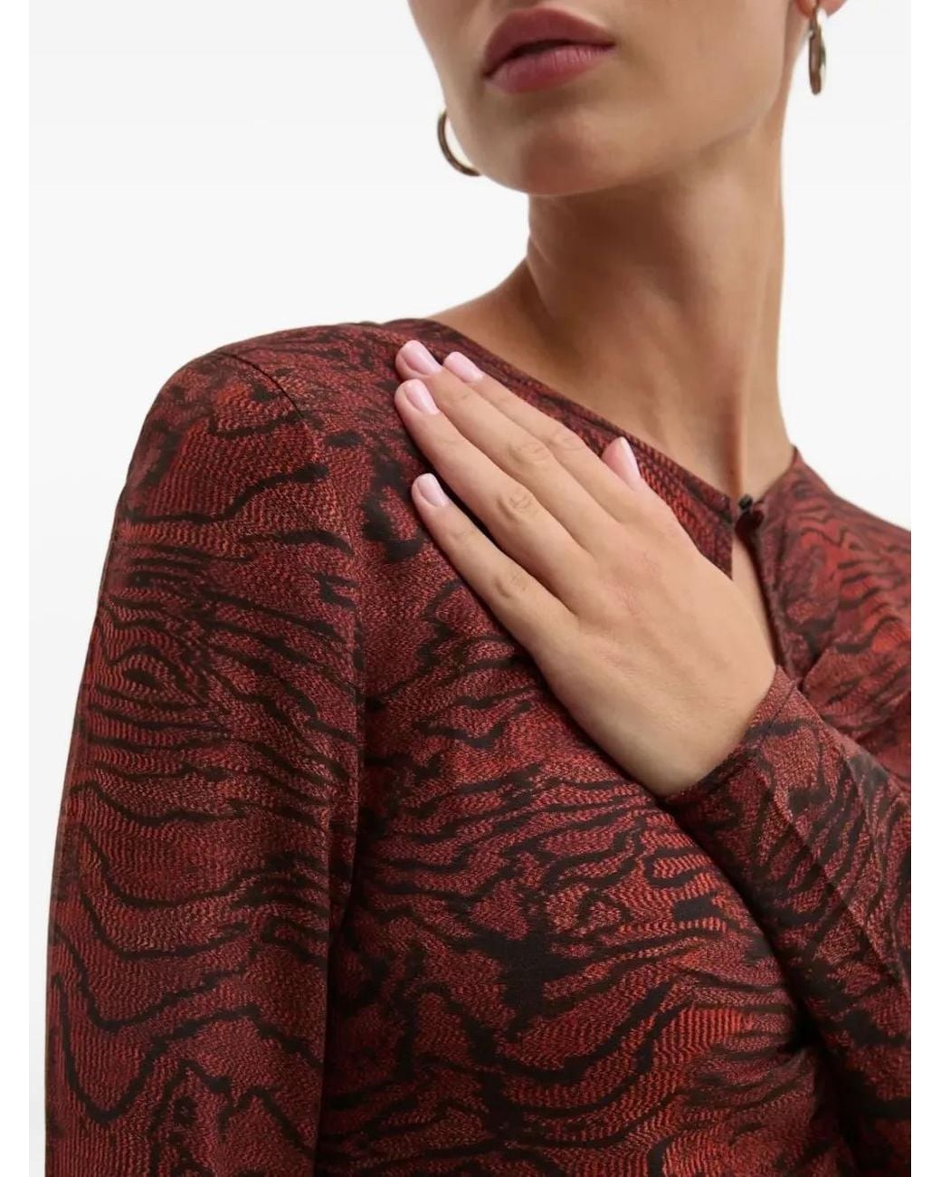 Desigual Red Keyhole-Neckline Wave-Print Midi Day Dress