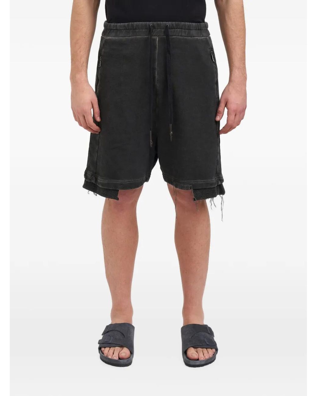 MD75 Black Raw-Edge Drawstring Track Shorts for men