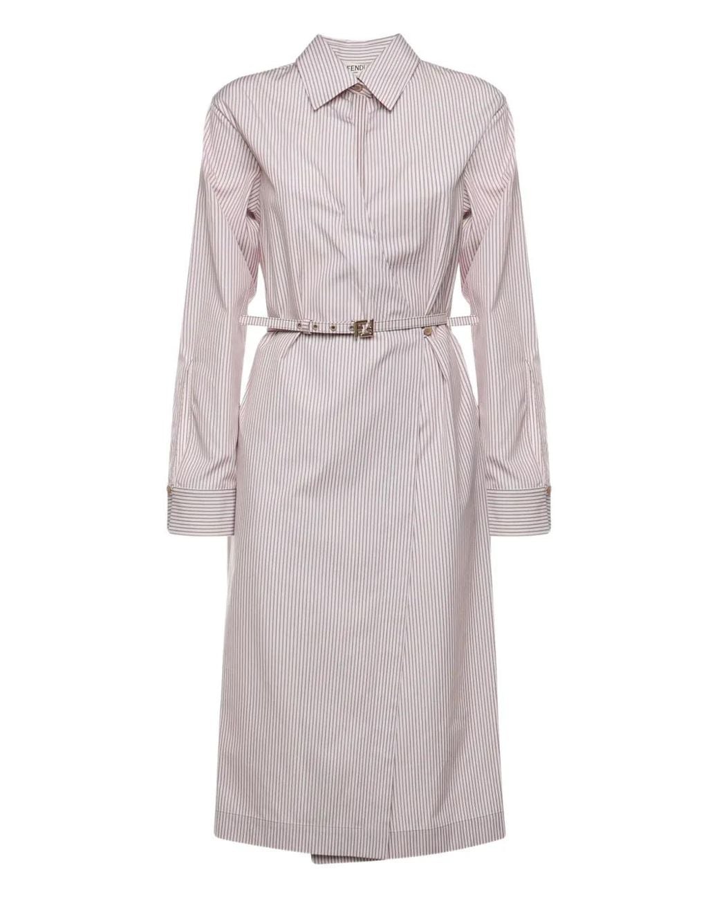 Fendi Gray Striped Belted Midi Dress