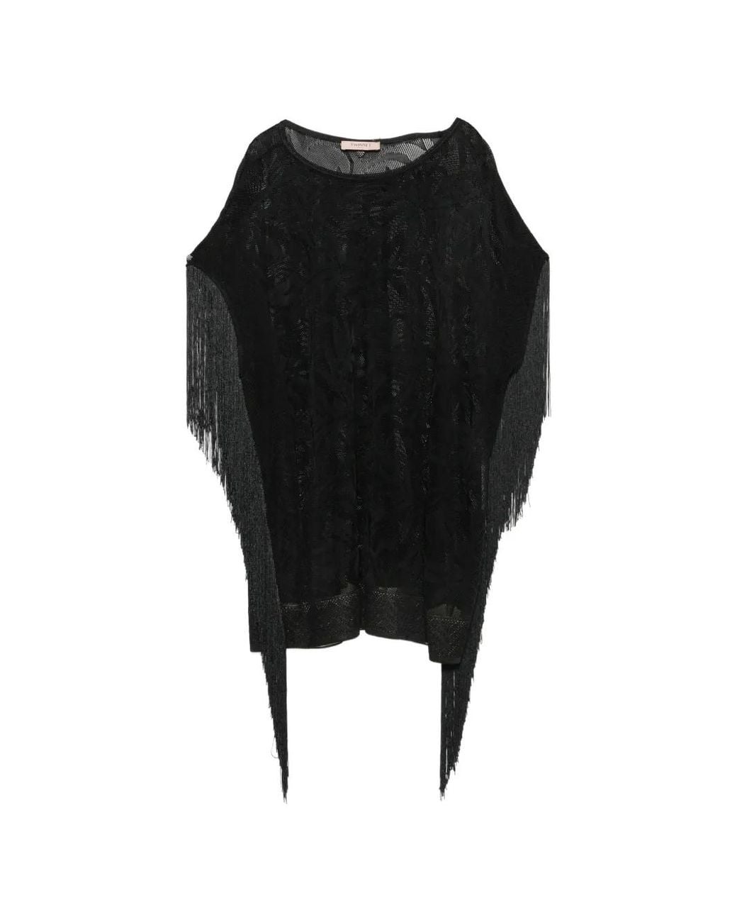 Twinset Black Fringe-Trim Jacquard-Knit Sweater