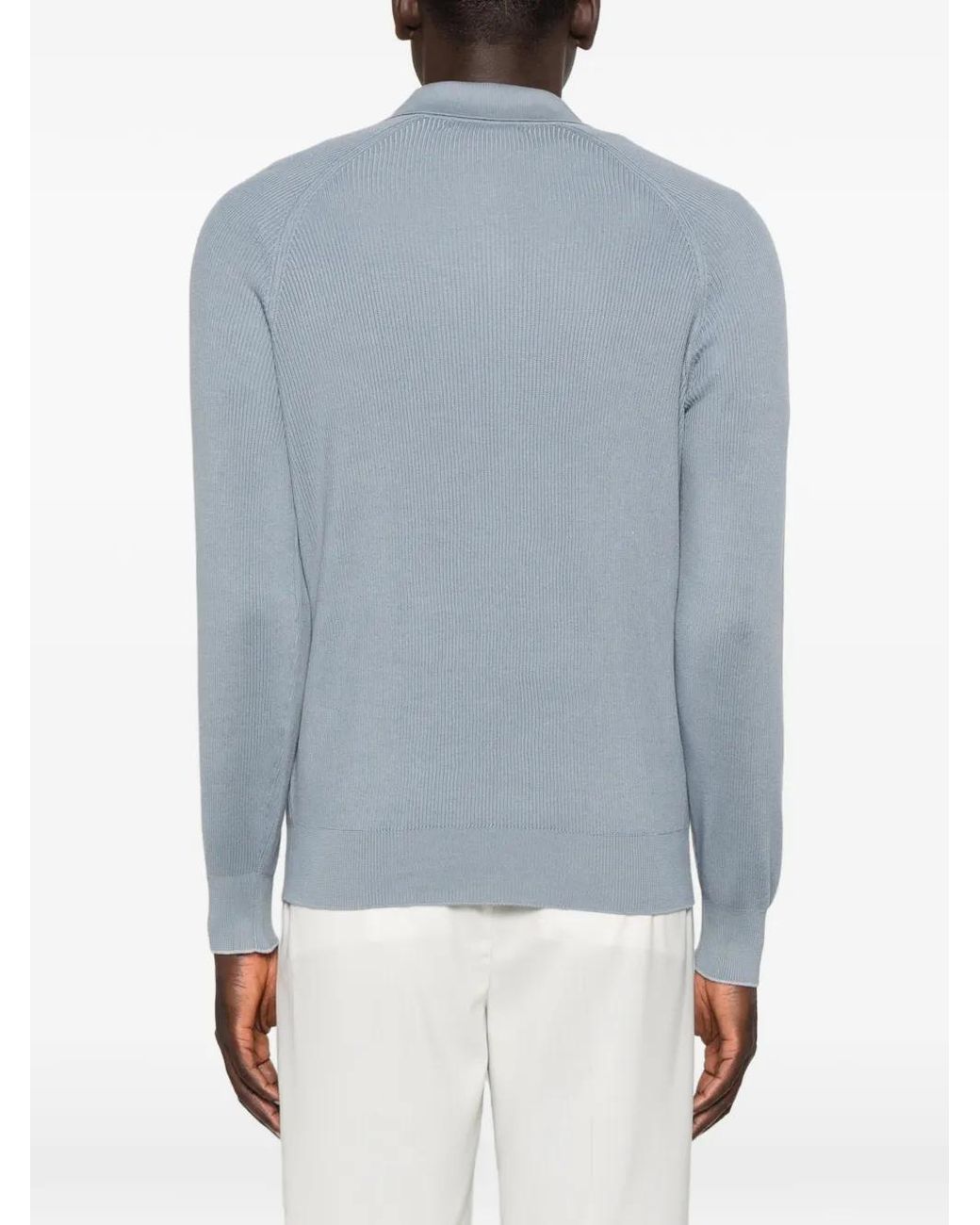 Brunello Cucinelli Blue Cotton English Rib Knit Polo With Long Raglan Sleeves for men
