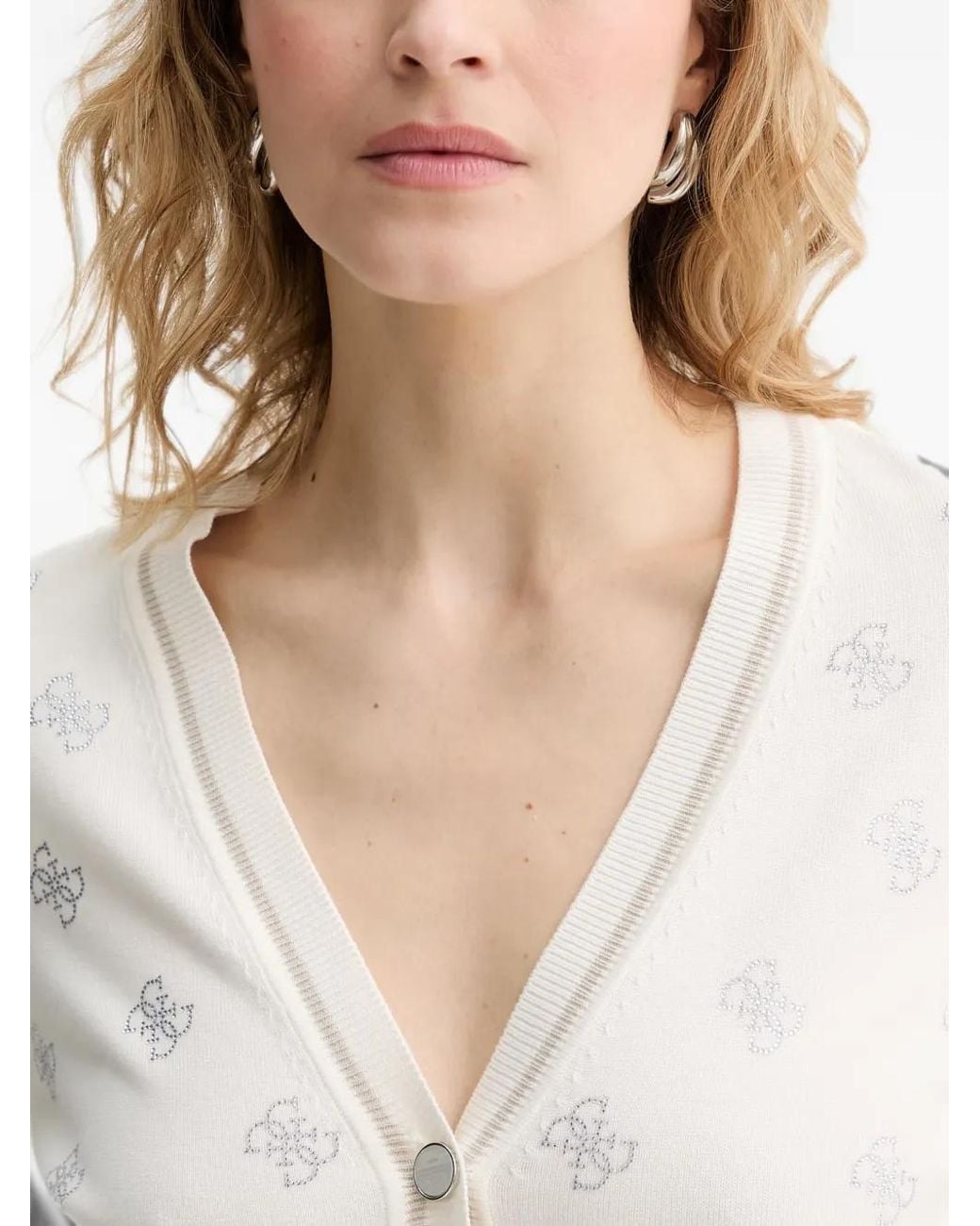 Guess White Crystal-Embellished Logo-Pattern Cardigan