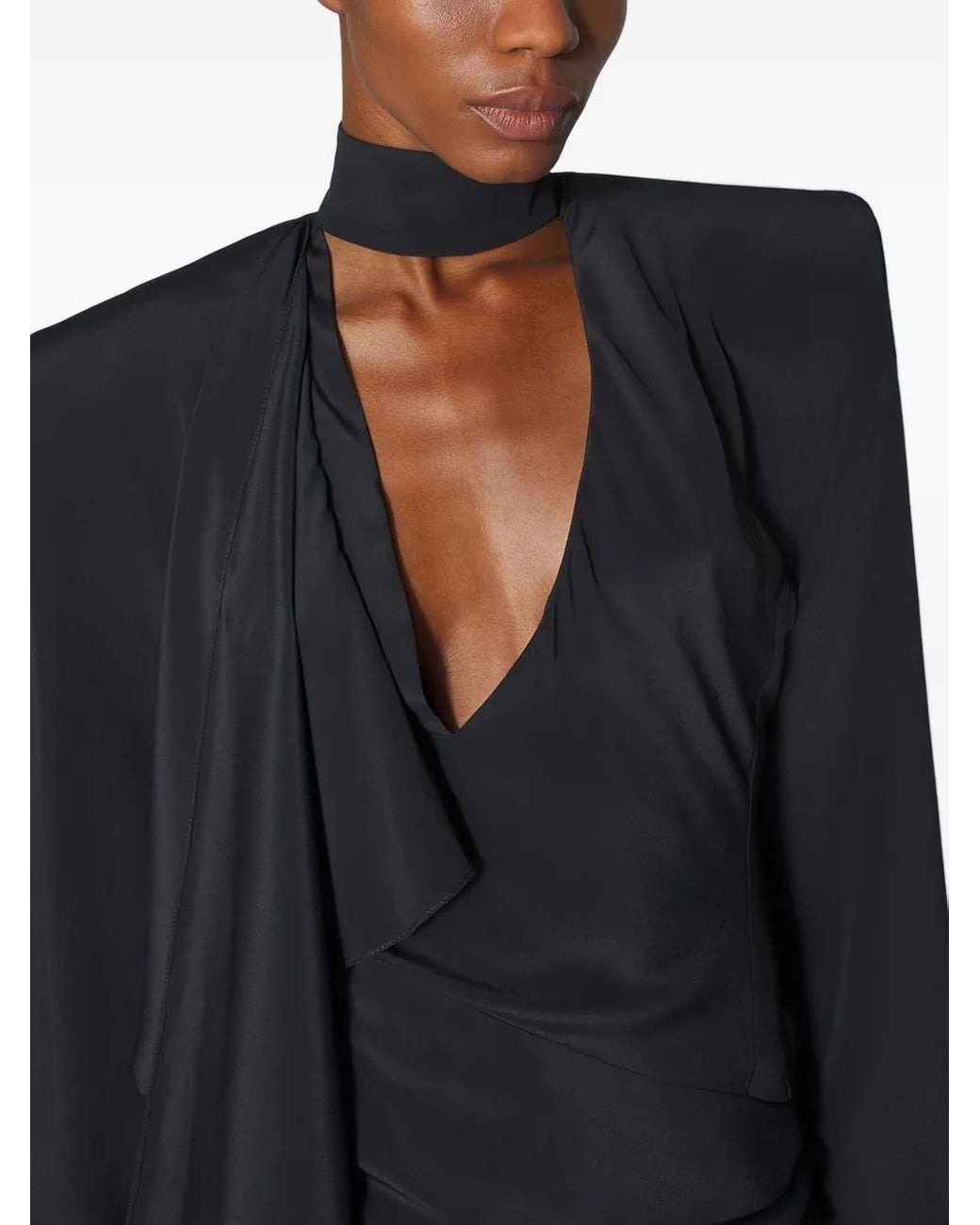 Mugler Blue Padded-Shoulder High-Neck Mini Dress