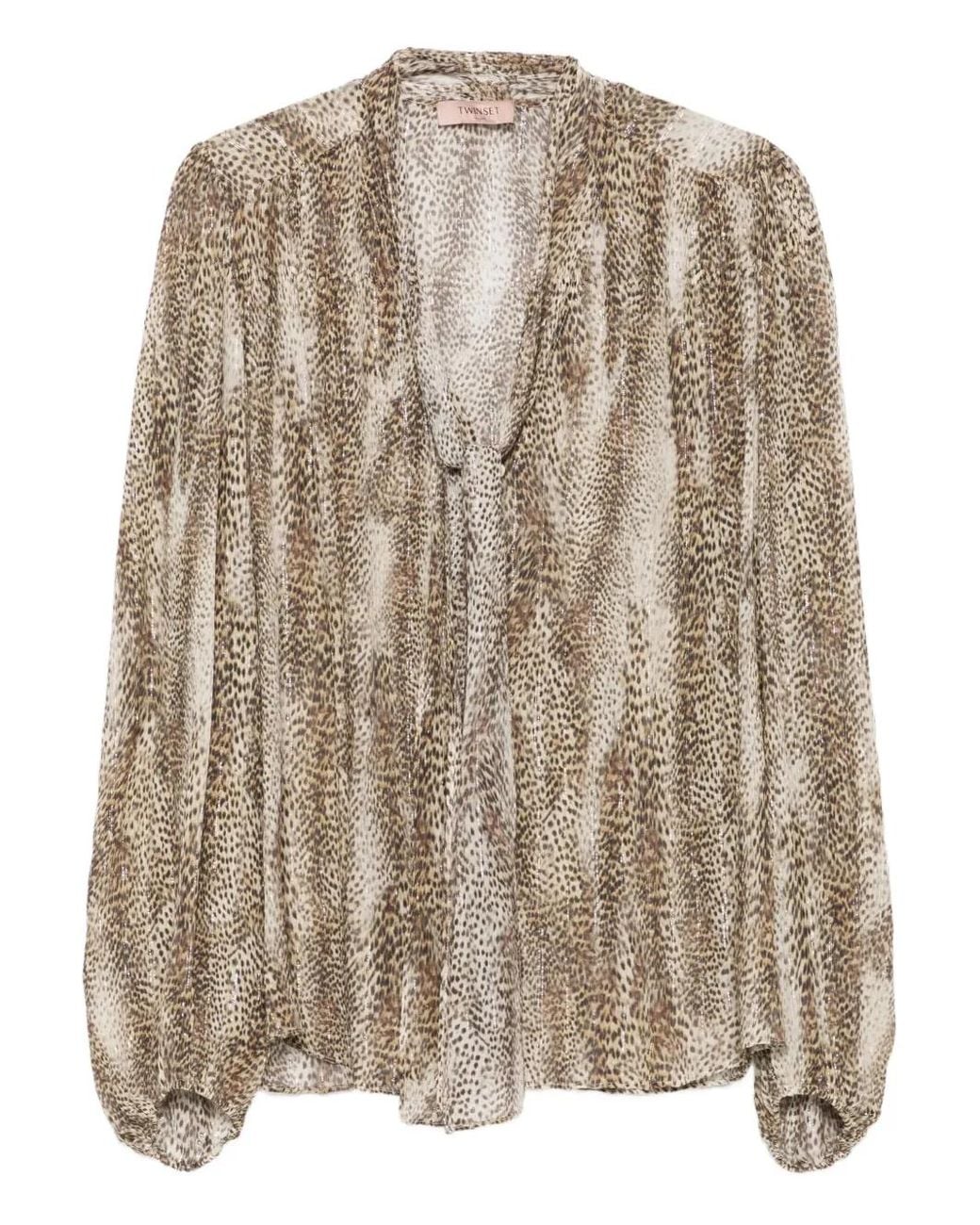 Twinset Brown Animal-Print Tie-Neck Blouse