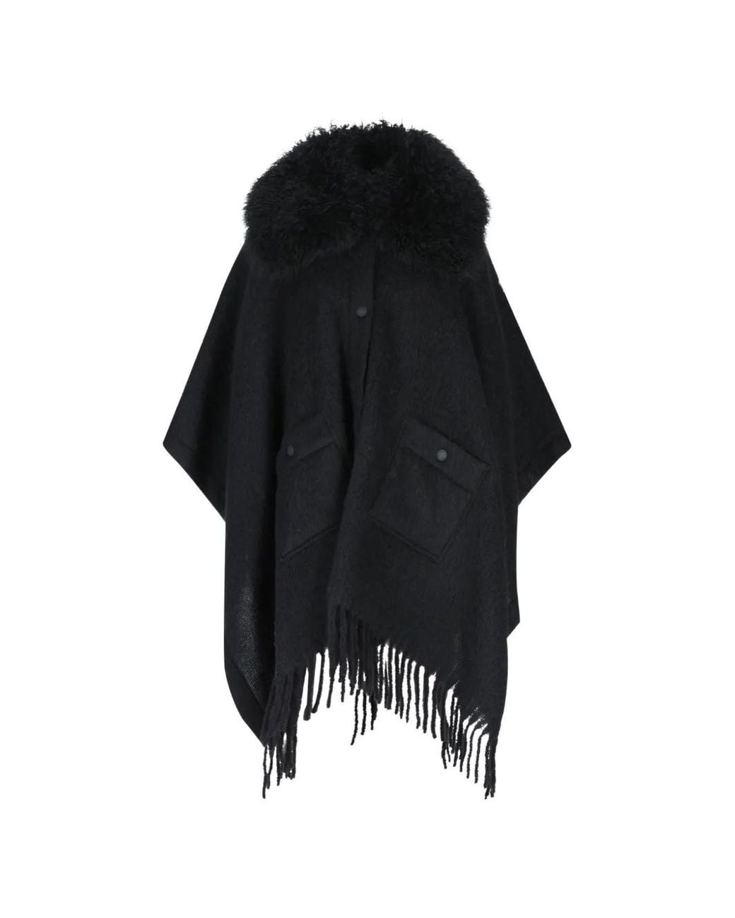 Moncler Black Cape À Ourlet Frangé Et Col En Peau Lainée