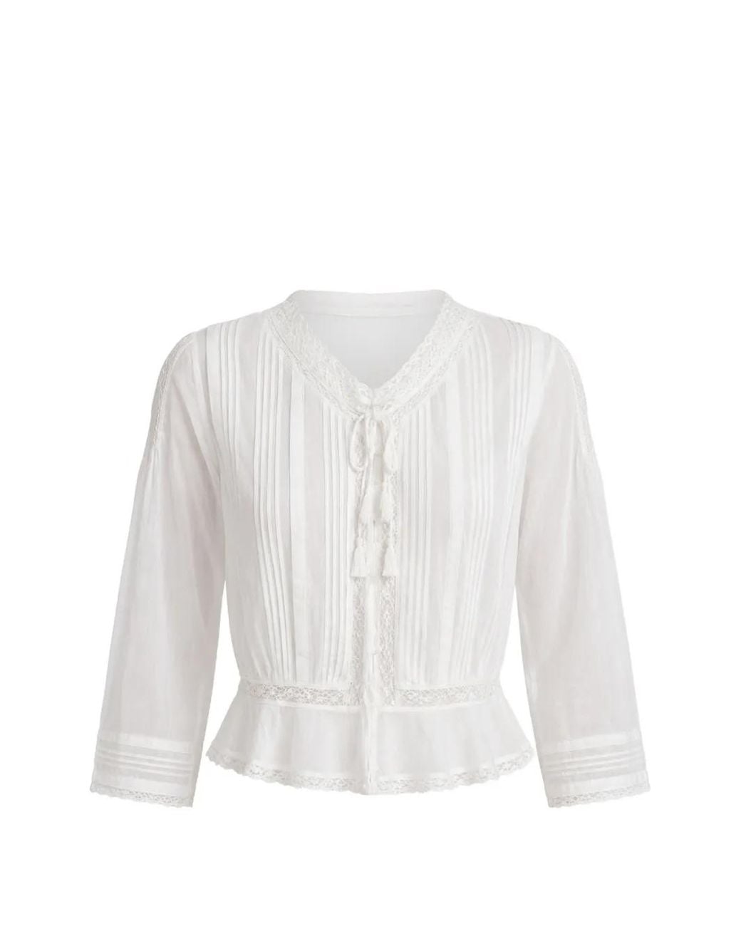 Doen White Hillock Lace-Trim Pin-Tuck Blouse