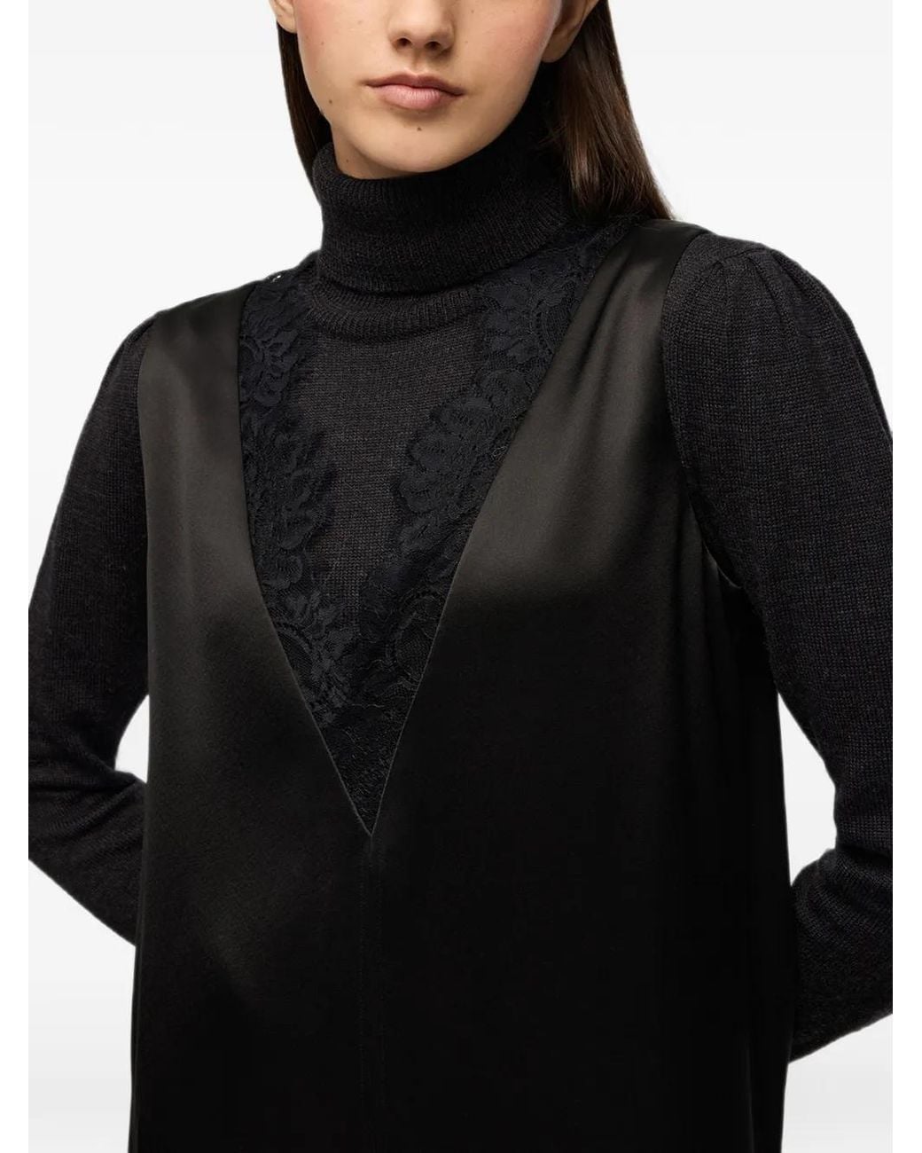 Ganni Black Robe Longue En Satin De Dentelle