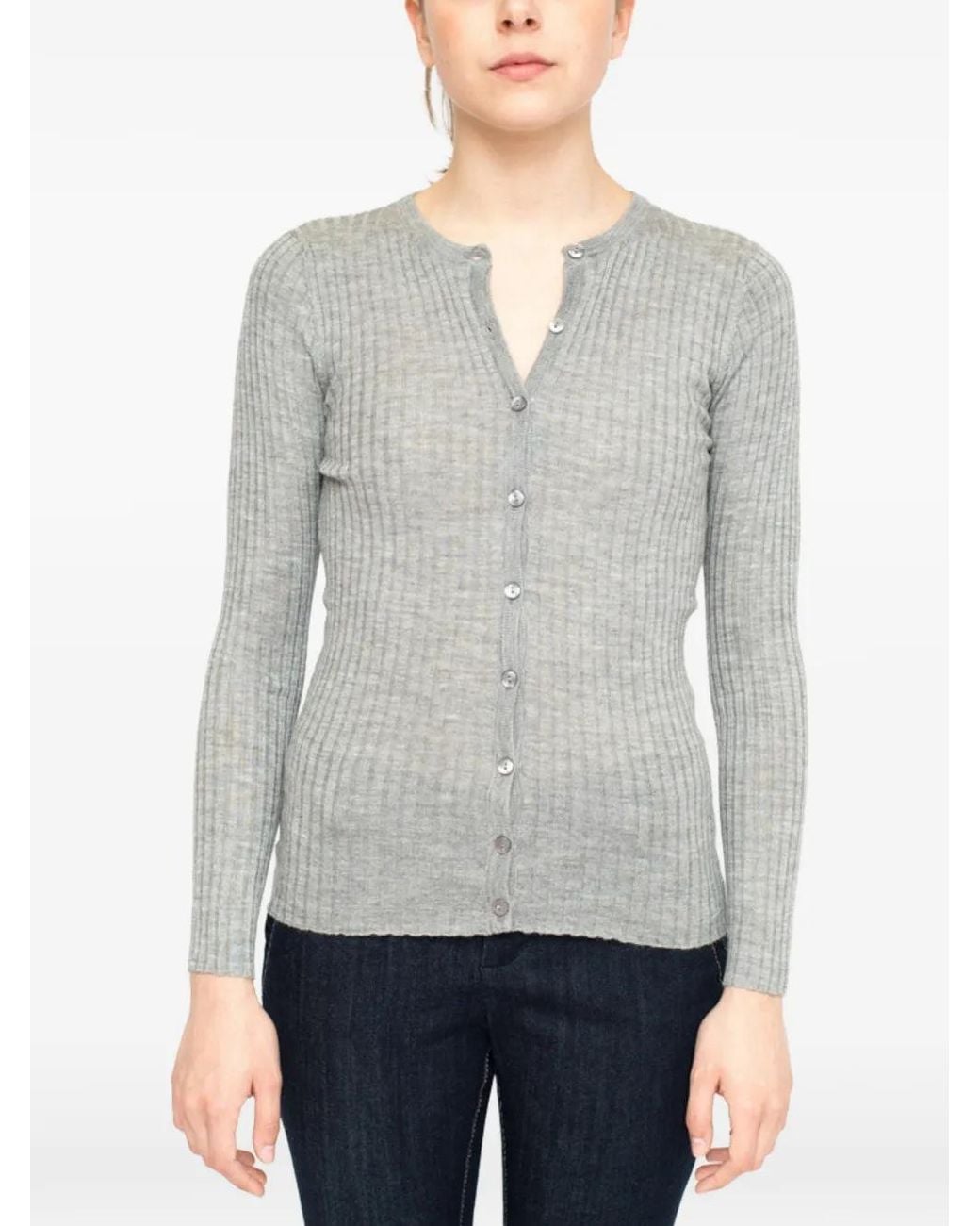 LA ROSE Gray Ribbed-Knit Cashmere Cardigan