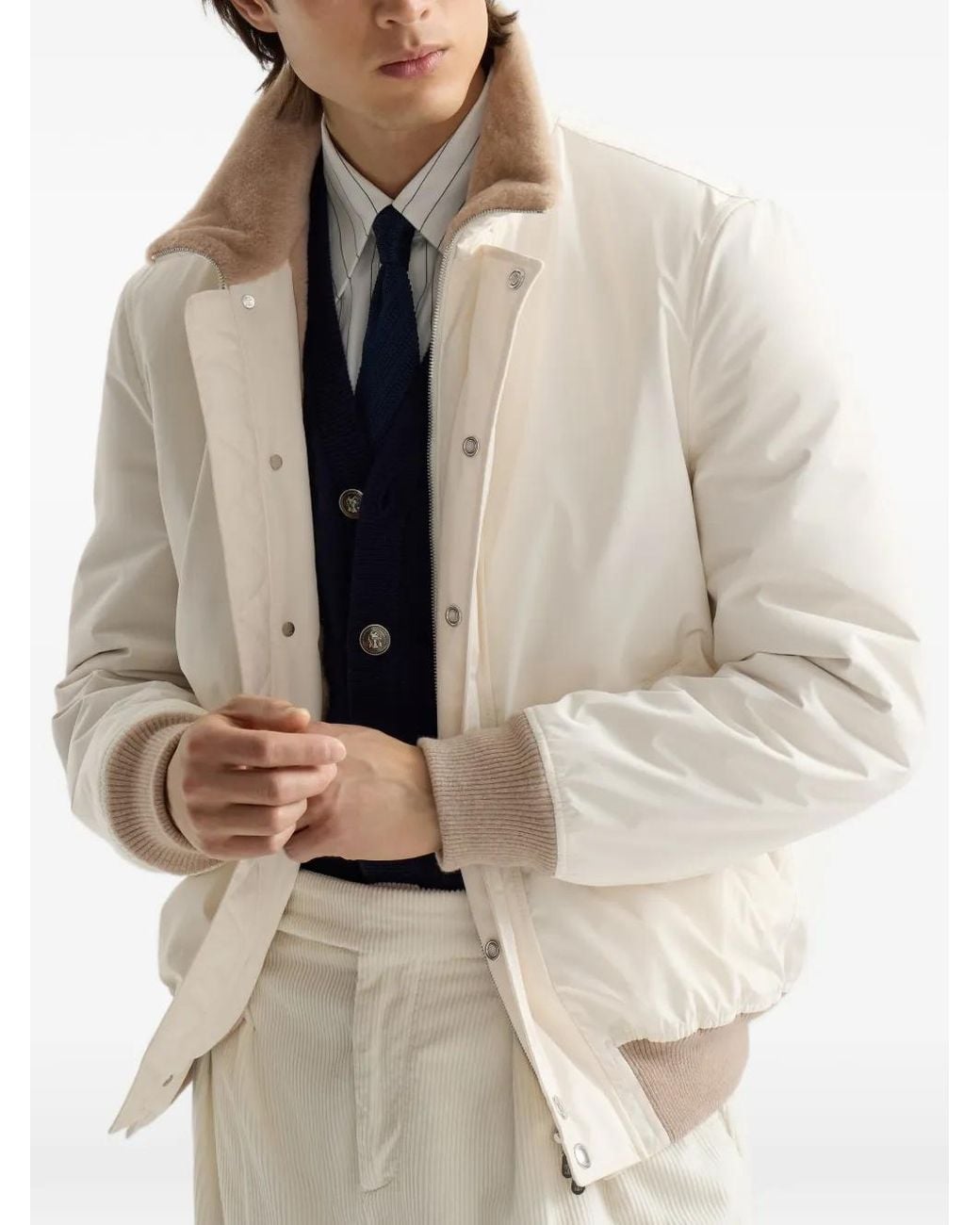 Brunello Cucinelli White Bonded Nylon Aviator Jacket With Shearling Lining for men