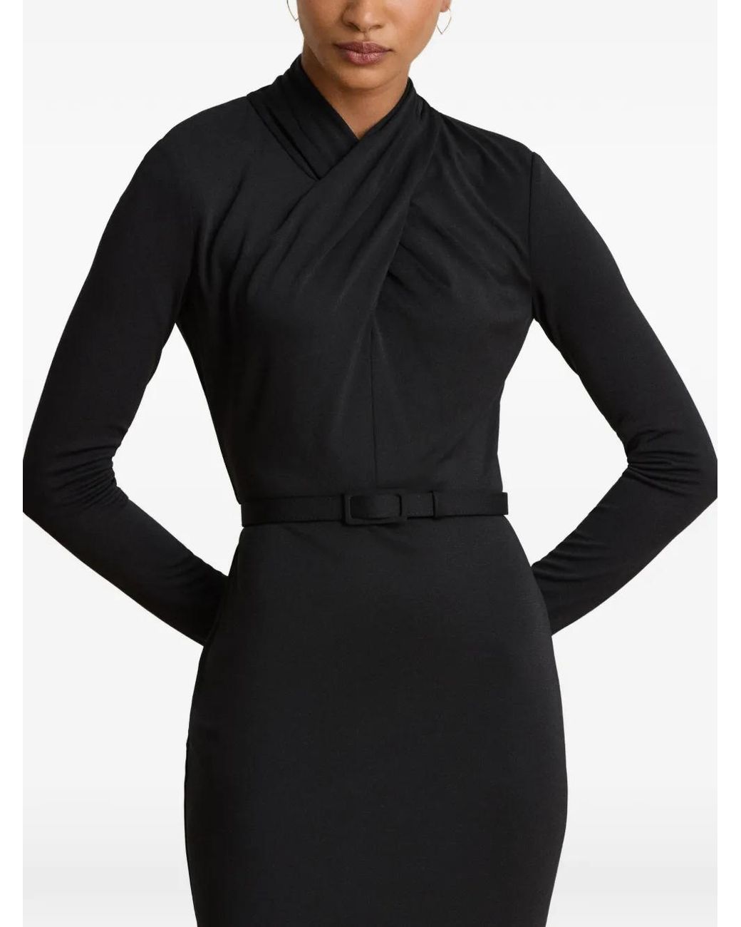 Ralph Lauren Black Belted Mock-Neck Midi Dress