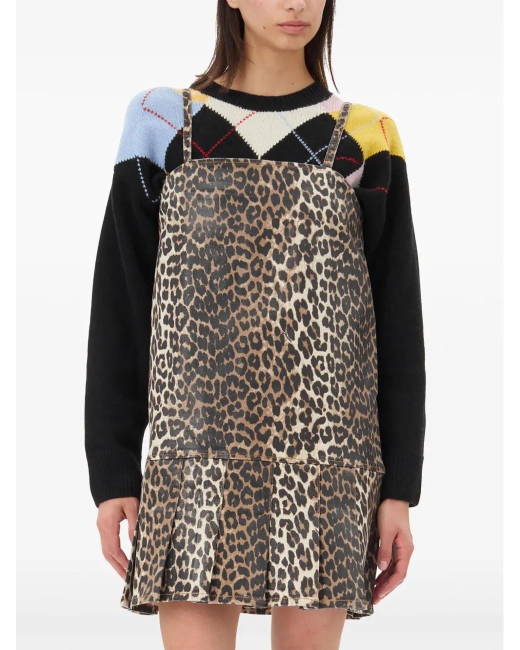 Ganni Natural Leopard-Print Pleated Mini Dress